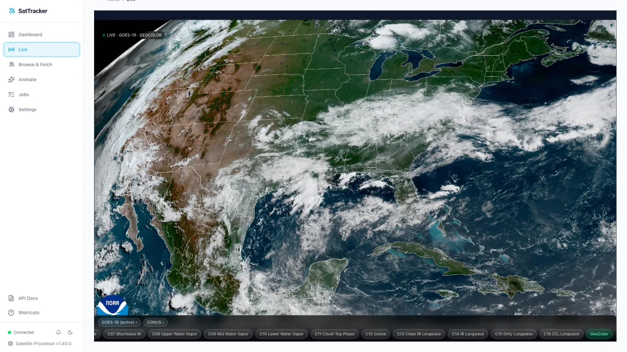 Satellite Processor live view showing real-time GOES-19 GeoColor imagery of the continental US with spectral channel selector